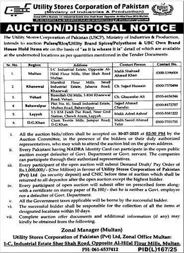 Utility Stores Corporation of Pakistan Tender Notice